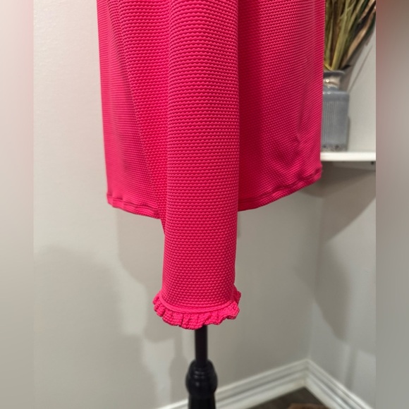 Beach House Pink Long Sleeve Button Down Shirt with ruffled Mandarin Collar - Picture 4 of 8